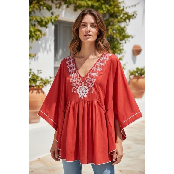Gianni Bini Red Embroidered V Neck Tunic Top Women's Large Kaftan Style Blouse - Picture 5 of 6